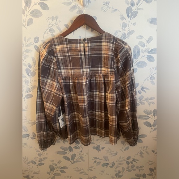 a.n.a Women’s Plaid Baby Doll Blouse Long Sleeves Size M Brown Beige. New w tag - Picture 2 of 8